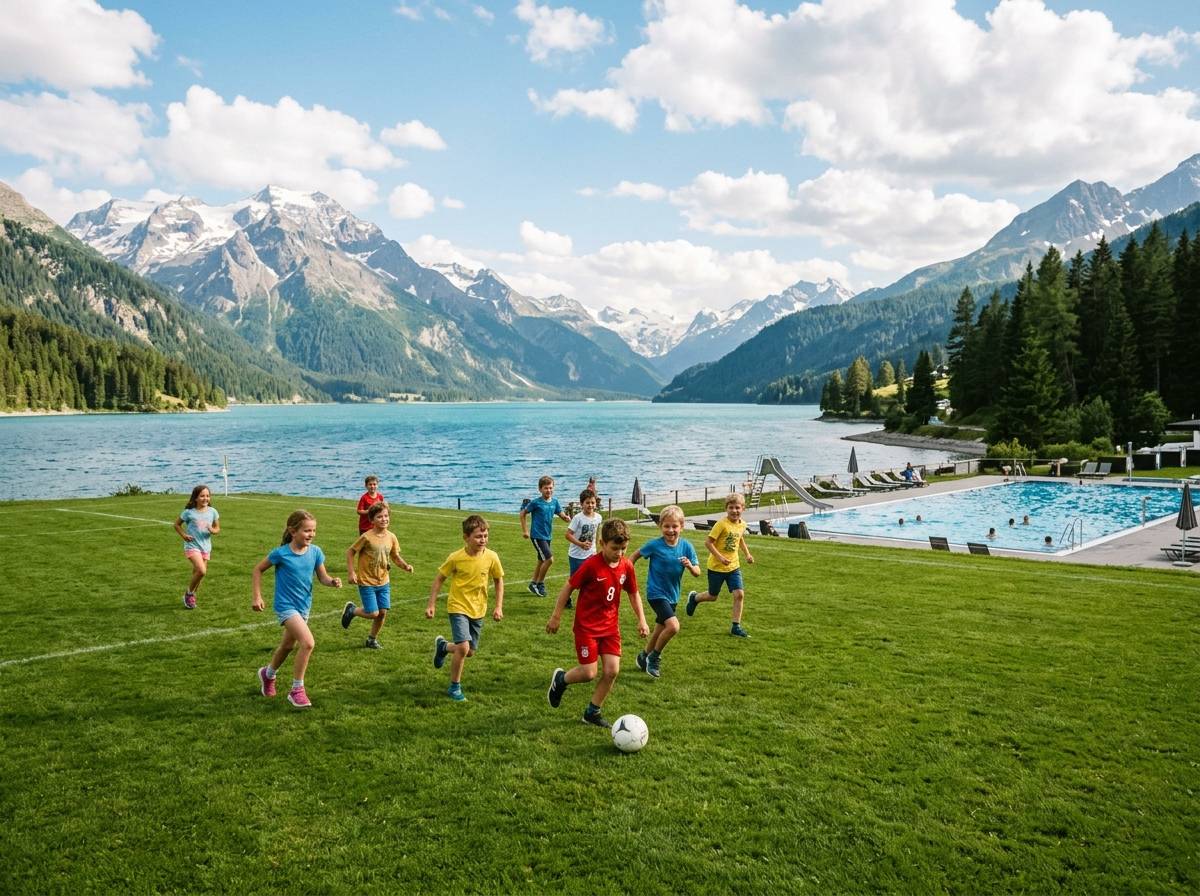Barn spiller fotball på en stor gressslette ved sjøen
