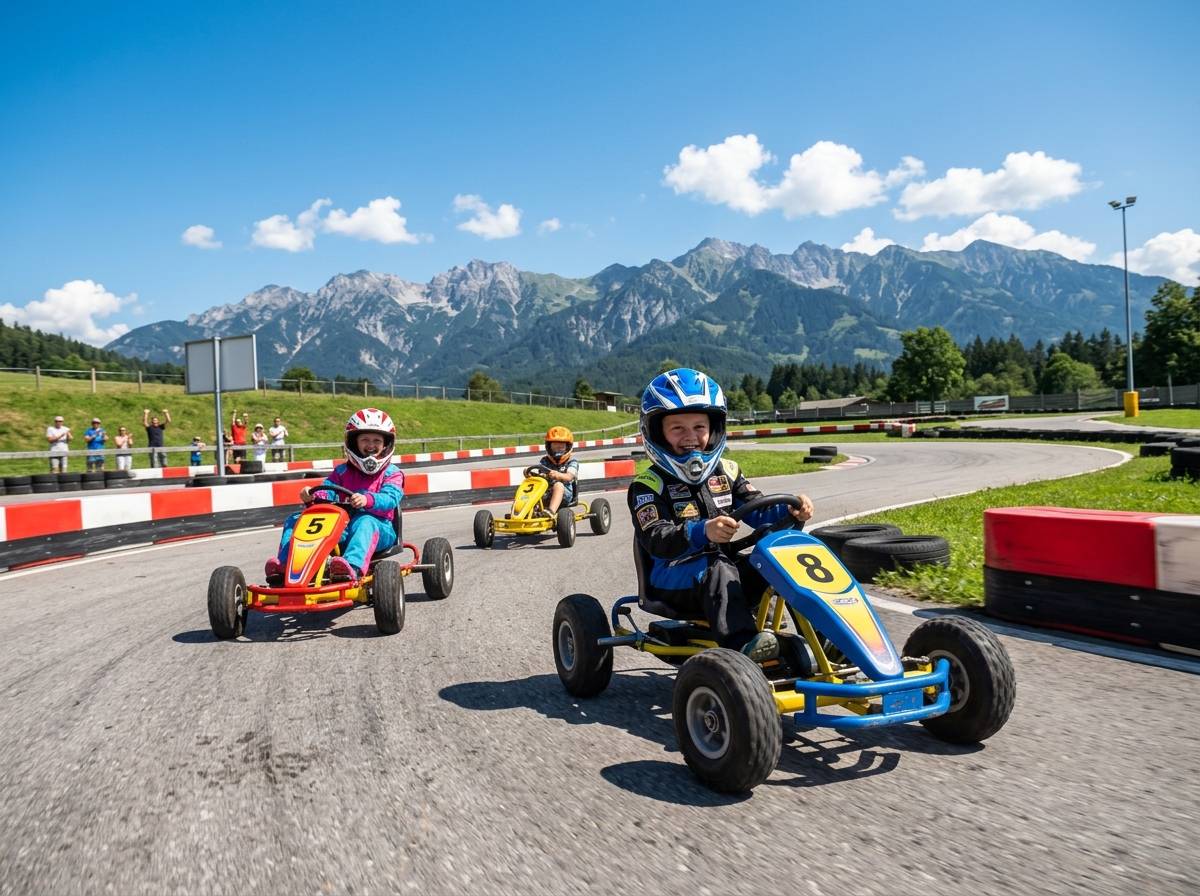 Barn kjører gokart på en bane med hjelm på