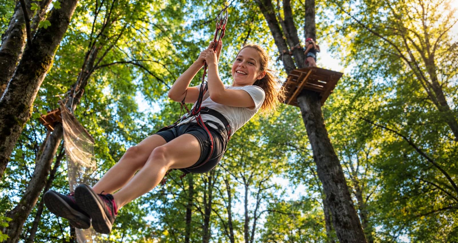 Smilende jente i sele svinger seg mellom trærne i en klatrepark