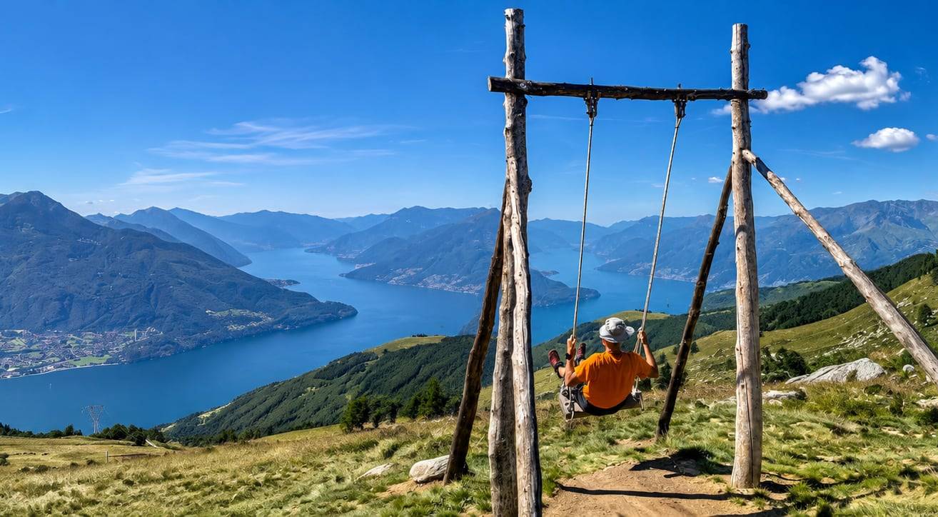 Mann på en stor trehuske i fjellet med utsikt over Comosjøen og Alpene