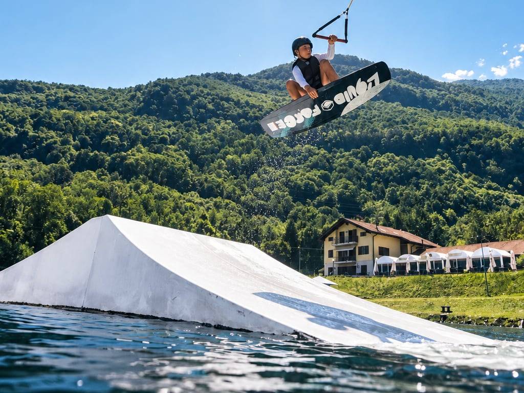 Ungdom på wakeboard på en stor innsjø
