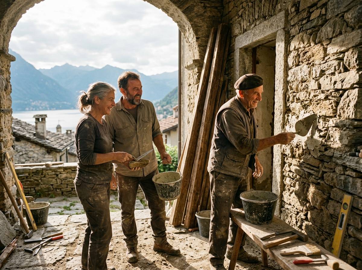 Et par og en lokal steinhugger restaurerer en gammel steinmur sammen