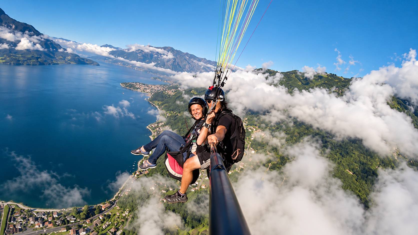 Tandem paragliding høyt over en alpin innsjø med fjell rundt